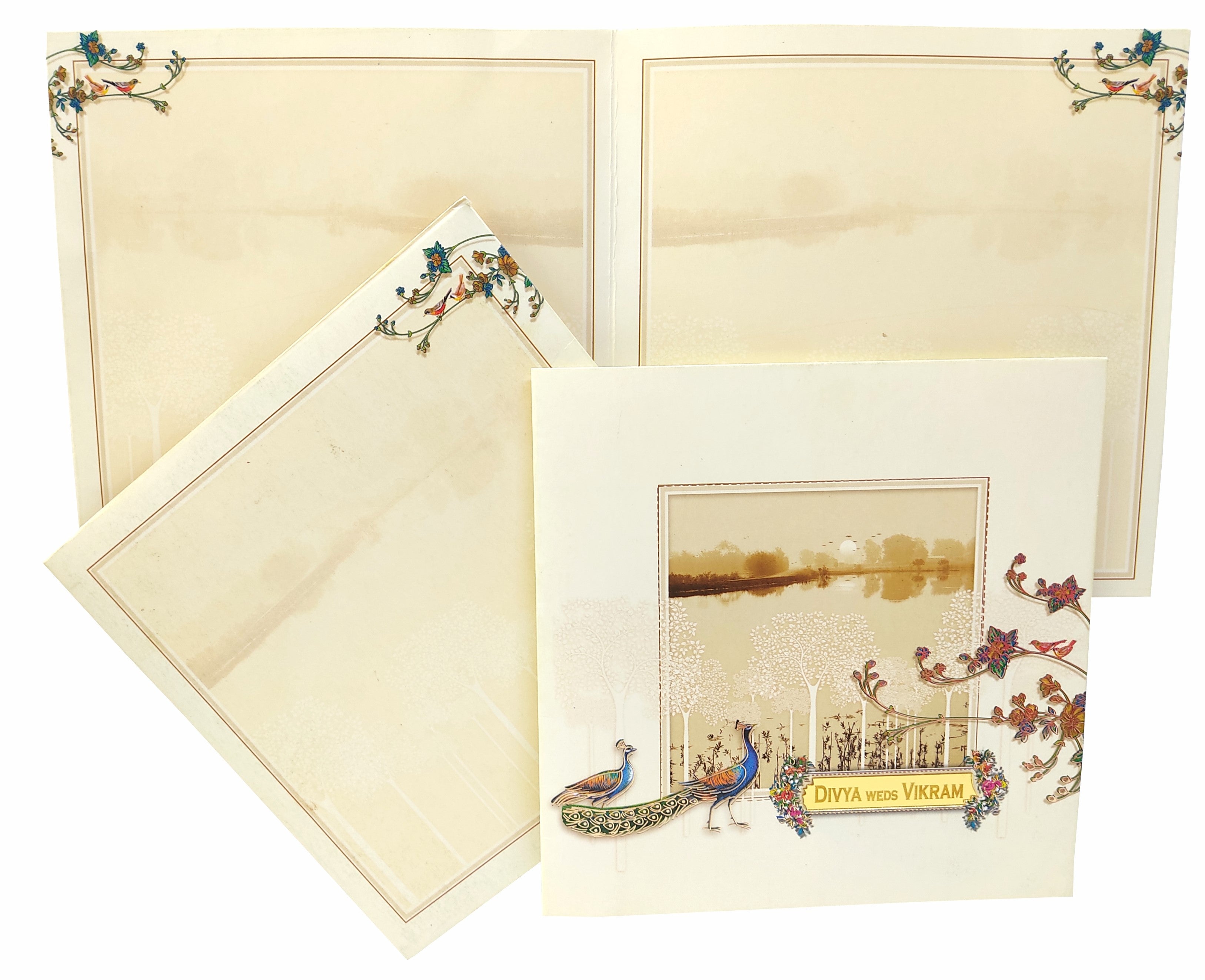 Cream Offset Scenery With Peacock Invitation Card-KNSN6702C
