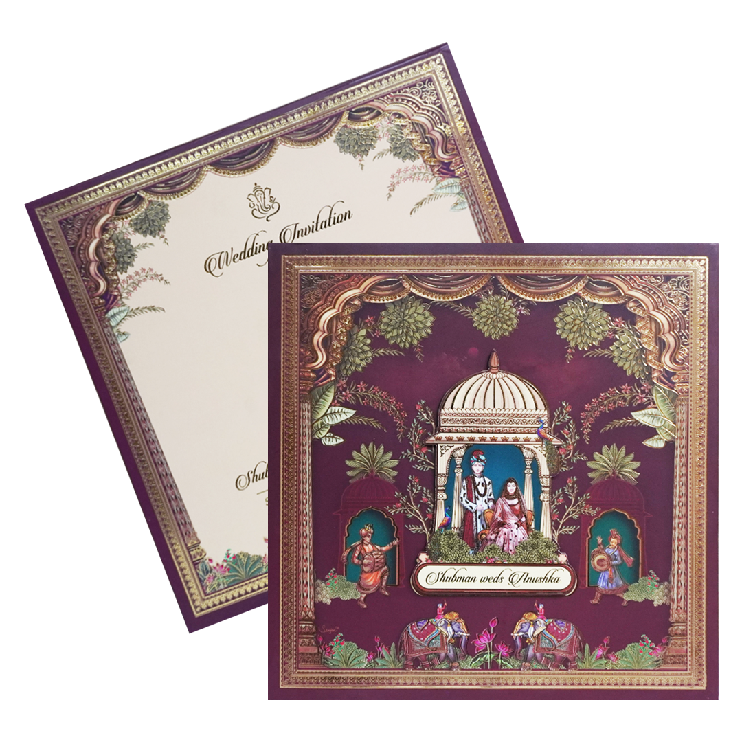 Royal Maroon Floral Padded Wedding Card - KRB08870