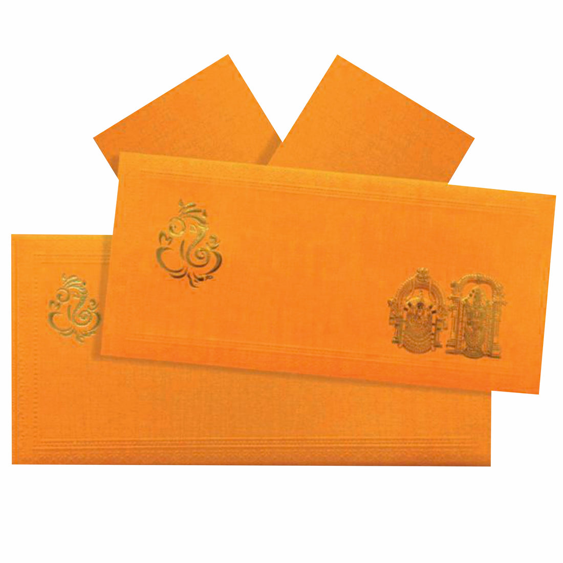 This gold wedding invitaton card features Balaji and Padmavathi images along with Ganesha in gold foiling.