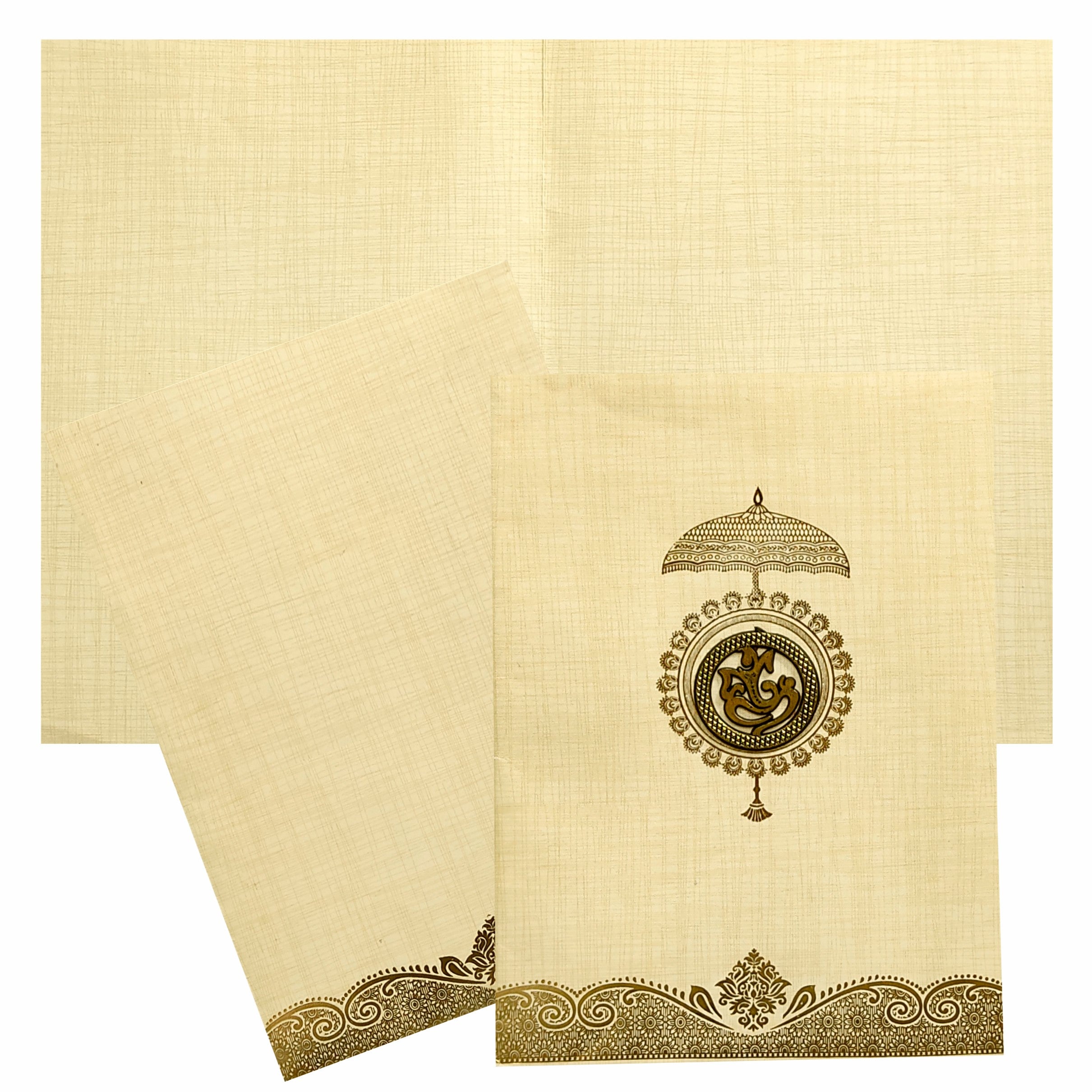 Selling Sandal metalic envelope with umbrella print and ganesha sticker invitation card online. Buying invitation cards made easy with King of Cards! &amp;
