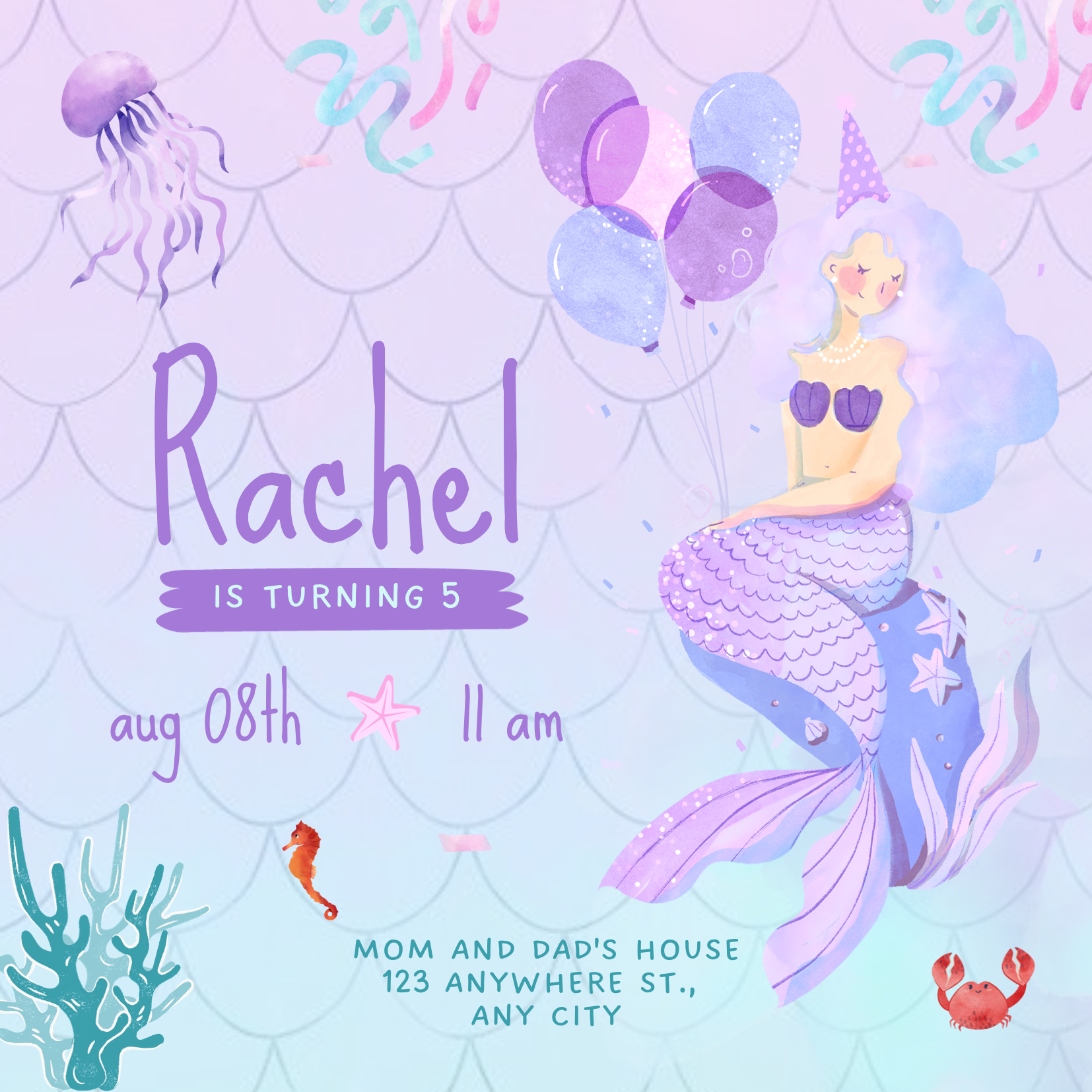 Purple Aqua Mermaids Invitation-AAMER001