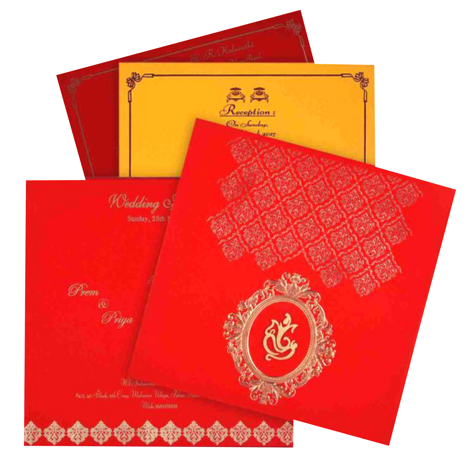 This wedding card is a padded wedding card with equal orientation. The card is made of florescent material. This card has gold foiling floral theme at the top. A Ganesha idol is placed at the bottom with gold foiling border. This idol can be replaced with some other religious design if needed. This card has two inserts of different color as a standard offer. Minimum quantity per order is 100. This card is in royal red shading. Click the WATCH VIDEO icon to see the video of the card.