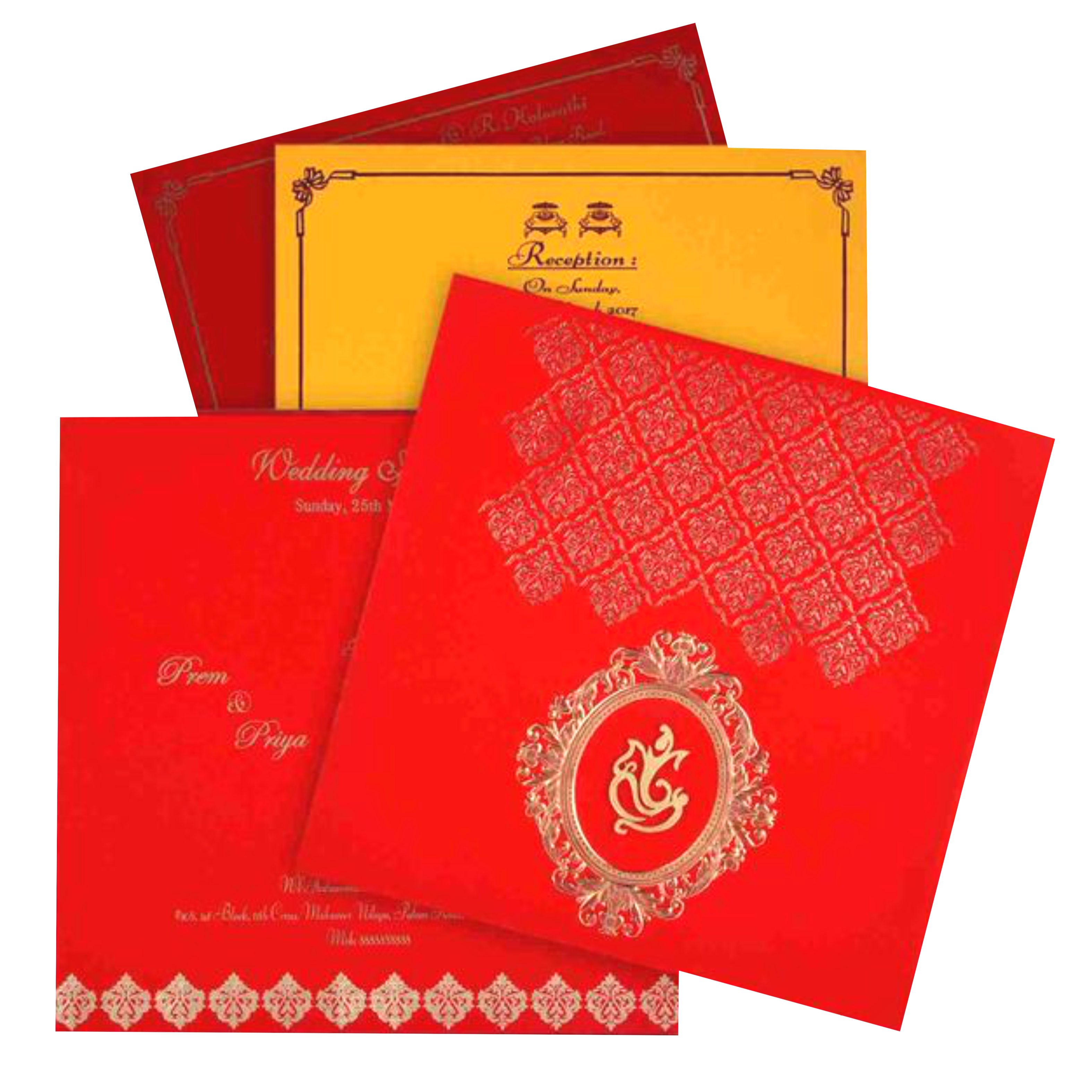 This wedding card is a padded wedding card with equal orientation. The card is made of florescent material. This card has gold foiling floral theme at the top. A Ganesha idol is placed at the bottom with gold foiling border. This idol can be replaced with some other religious design if needed. This card has two inserts of different color as a standard offer. Minimum quantity per order is 100. This card is in royal red shading. Click the WATCH VIDEO icon to see the video of the card.
