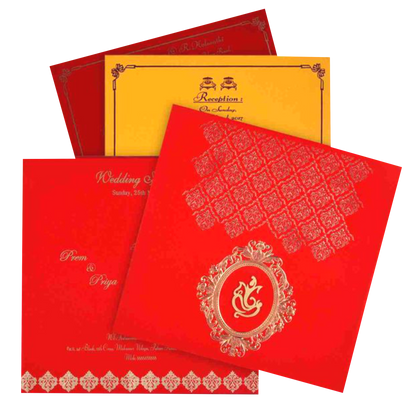 This wedding card is a padded wedding card with equal orientation. The card is made of florescent material. This card has gold foiling floral theme at the top. A Ganesha idol is placed at the bottom with gold foiling border. This idol can be replaced with some other religious design if needed. This card has two inserts of different color as a standard offer. Minimum quantity per order is 100. This card is in royal red shading. Click the WATCH VIDEO icon to see the video of the card.