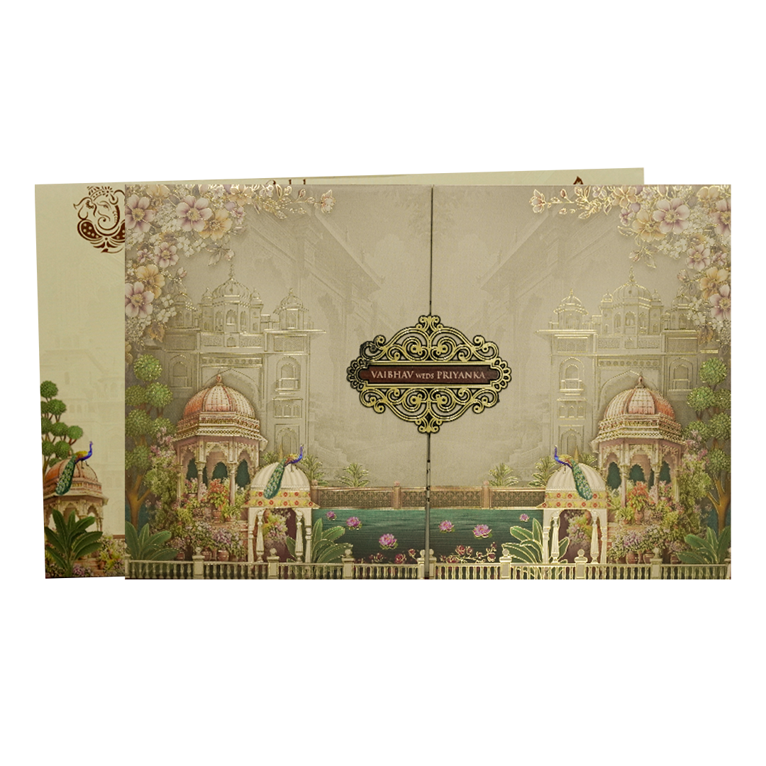 Grey Palace Floral Padded Wedding Card-KSH72180