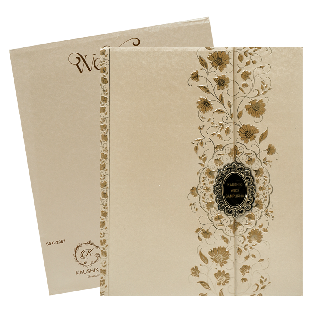 Check out Cream Gold Floral Padded Wedding Card at best price. ✅WhatsApp Support ✅Express Delivery.|King of cards.