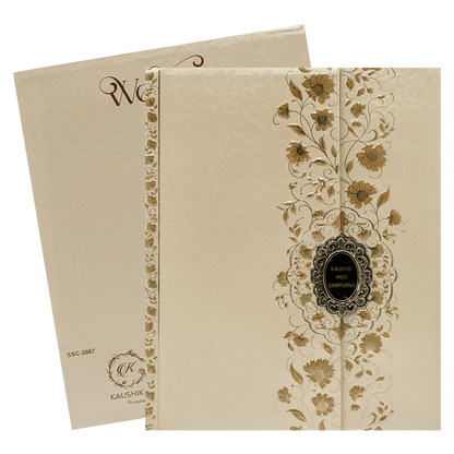 Check out Cream Gold Floral Padded Wedding Card at best price. ✅WhatsApp Support ✅Express Delivery.|King of cards.