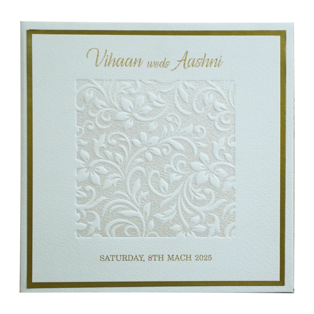 White Embossed Floral Padded Invitation Card-KRC30480
