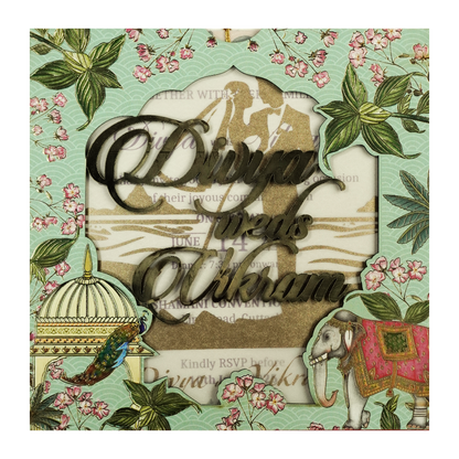 Green Elephant Peacock Laser-Cut Wedding Card-KNPL5806