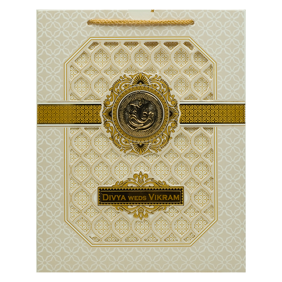 Cream Gold Jali Laser-cut Wedding Card-KNQS8308