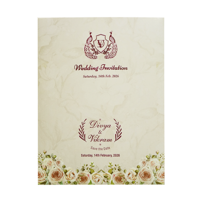 Ivory Traditional Peacock Nameplate Invitation Card-King of Cards