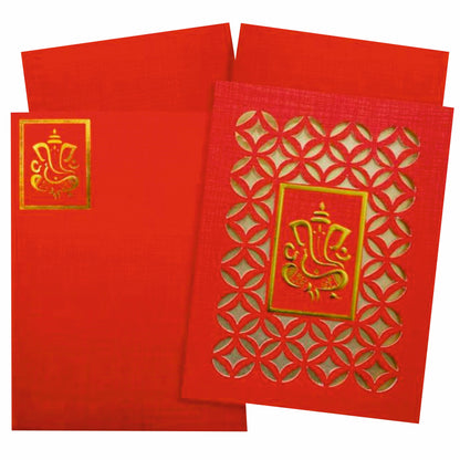 Red traditional die cut invitation card features a lovely Ganesha design in gold foiling on the main card.