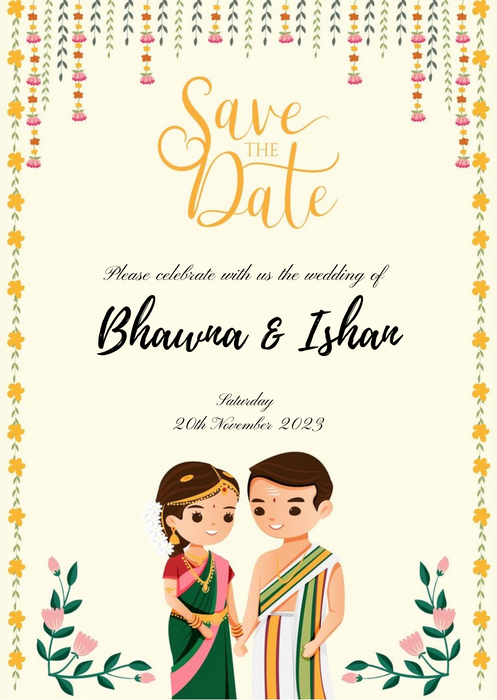 Beige Cute Couple South Indian Wedding Invitation-King of Cards