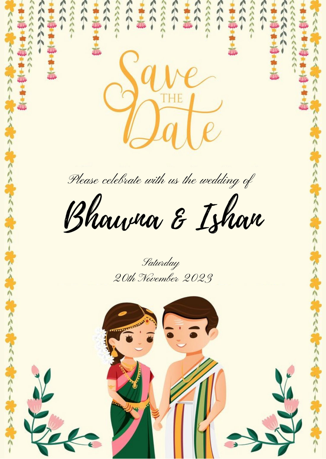 Beige Cute Couple South Indian Wedding Invitation-King of Cards
