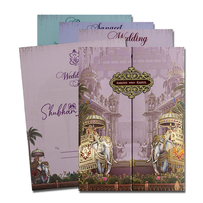 Check out Lavender Palace Elephant Padded Wedding Card at best price.✅WhatsApp Support ✅Express Delivery|King of cards.