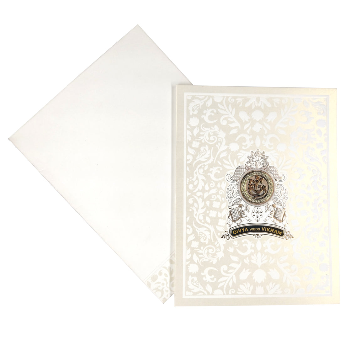 White Metallic Floral Design With Gold Foiling And Name Plate-KNK3050W
