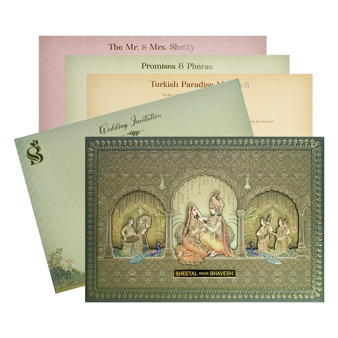 Check out Metallic Green Radha Krishna Padded Wedding Card at best price. ✅WhatsApp Support ✅Express Delivery.|King of cards.