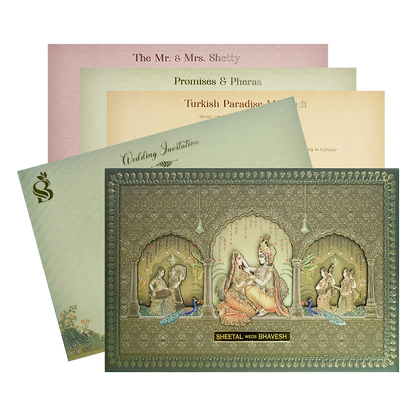 Check out Metallic Green Radha Krishna Padded Wedding Card at best price. ✅WhatsApp Support ✅Express Delivery.|King of cards.