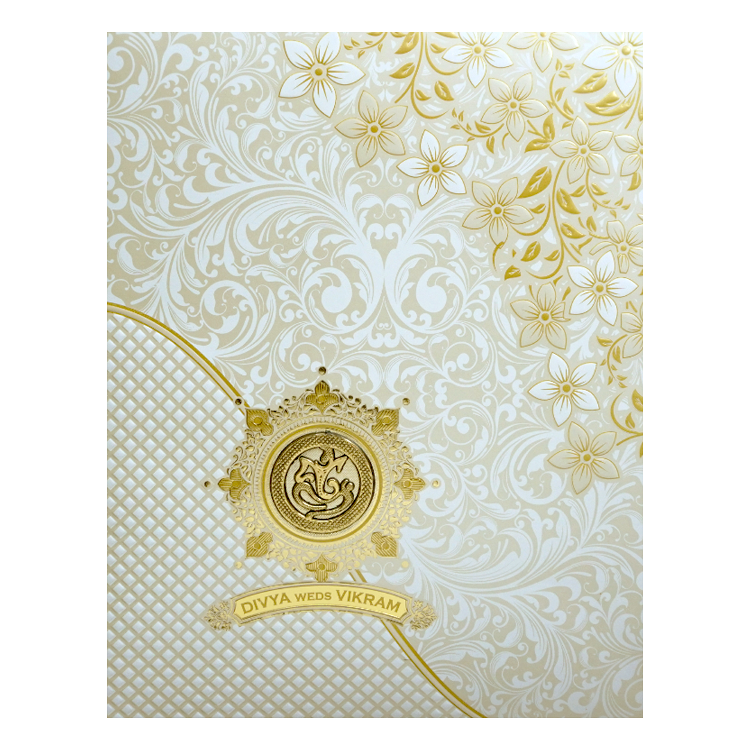 White Jumbo Screen Embossed Floral With Ganesha And Name Plate-KNJS2062