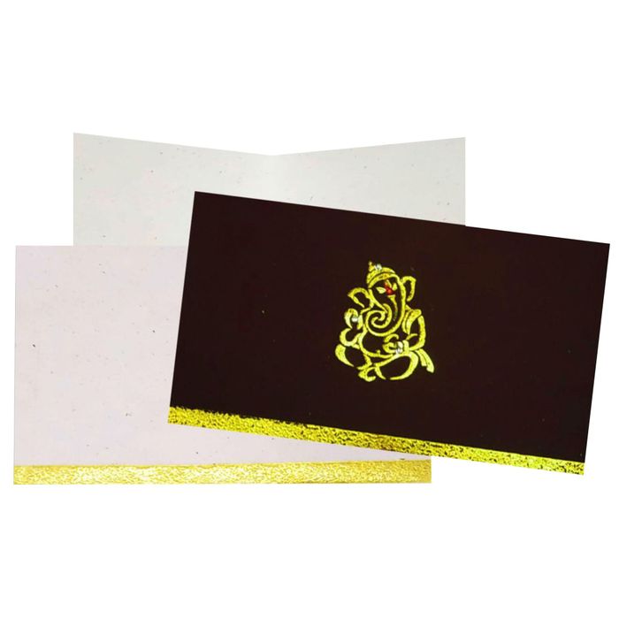Selling White envelope with gold border and black cover with gold ganesha print invitation card online. Buying invitation cards made easy with King of Cards! &amp;