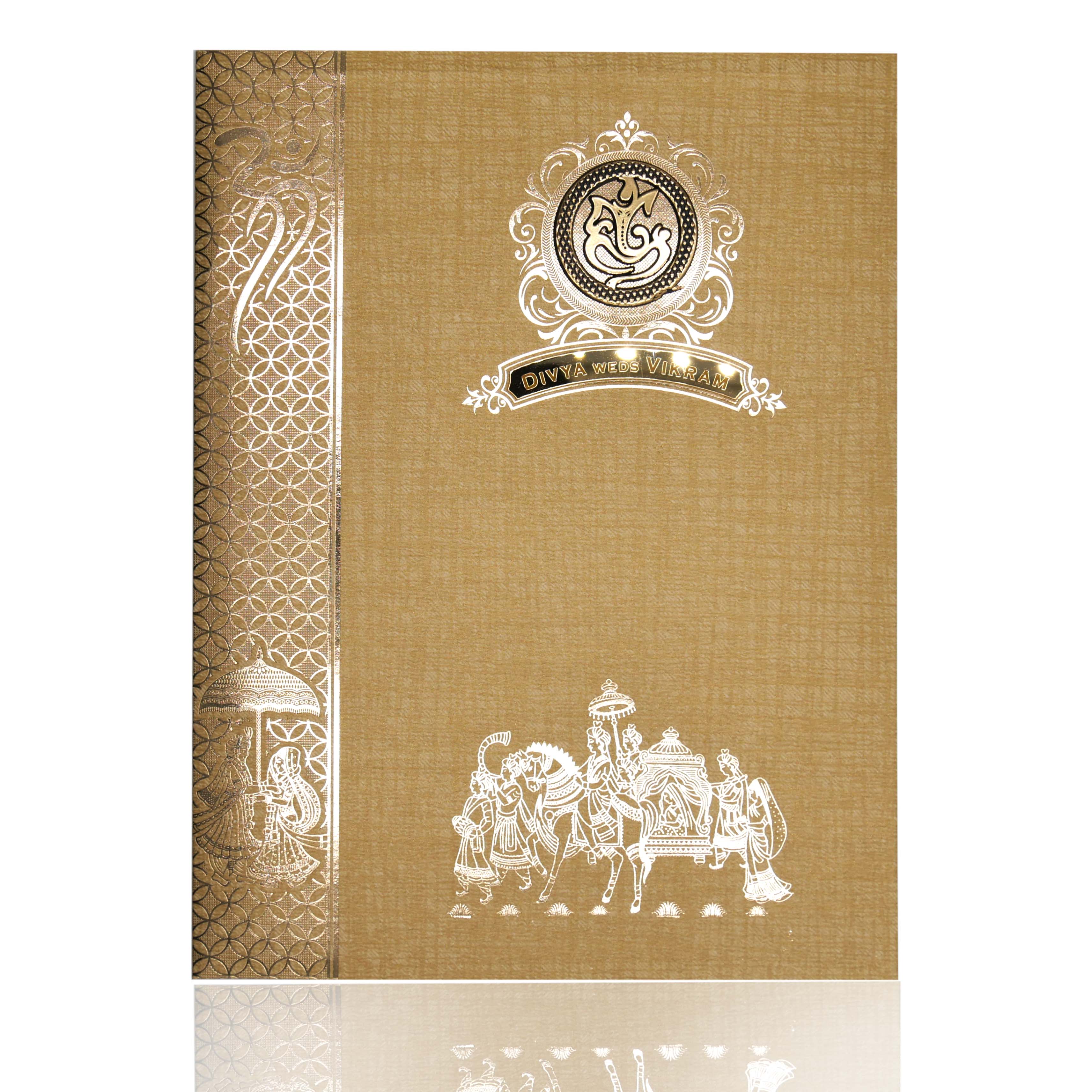 Brown Gold Jumbo Met Size Baraat Design Wedding Card-KNK50280