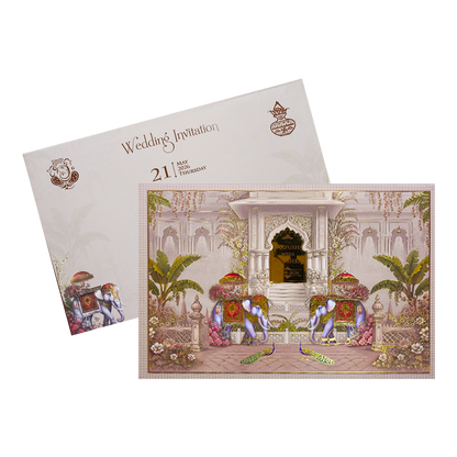 Palace Elephant Peacock Padded Wedding Card-KSH72230