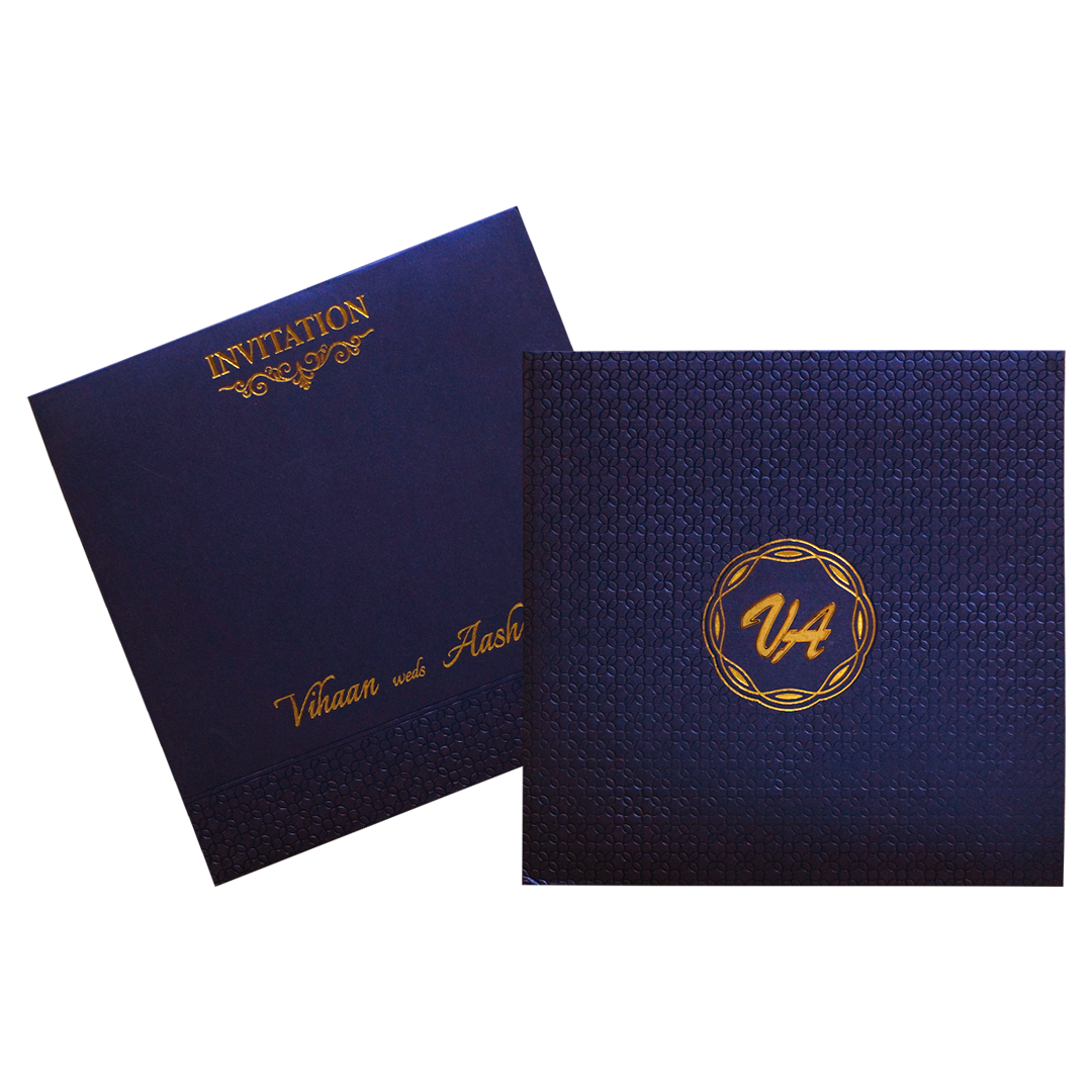 Royal Blue Embossed Padded Wedding Card-KRC30461