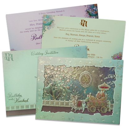 Check out green procession padded wedding card at best price. ?WhatsApp Support ?Express Delivery.|King of cards.