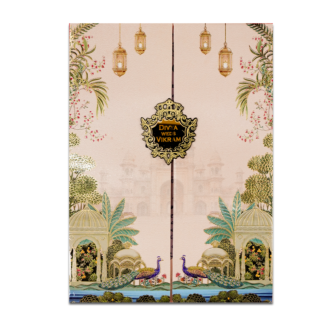 Cream Palace Peacock Padded Wedding Card-KNPO9534C