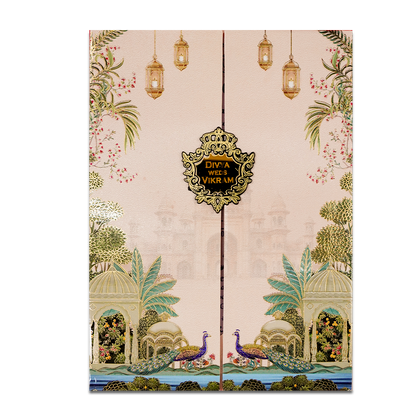 Cream Palace Peacock Padded Wedding Card-KNPO9534C