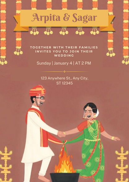Brown Happy Couple South Indian Wedding Invitation-AASIW003