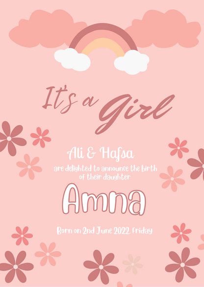 Pink Floral Design Baby Birth Announcement Invitation-AABBA008
