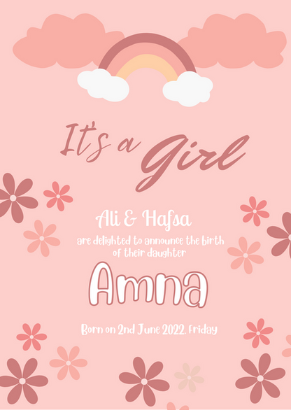 Pink Floral Design Baby Birth Announcement Invitation-AABBA008
