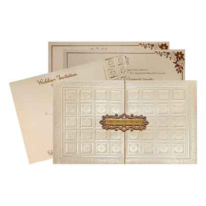 Check out Gold Square Embossed Padded Wedding Card at best price. ✅WhatsApp Support ✅Express Delivery.|King of cards.