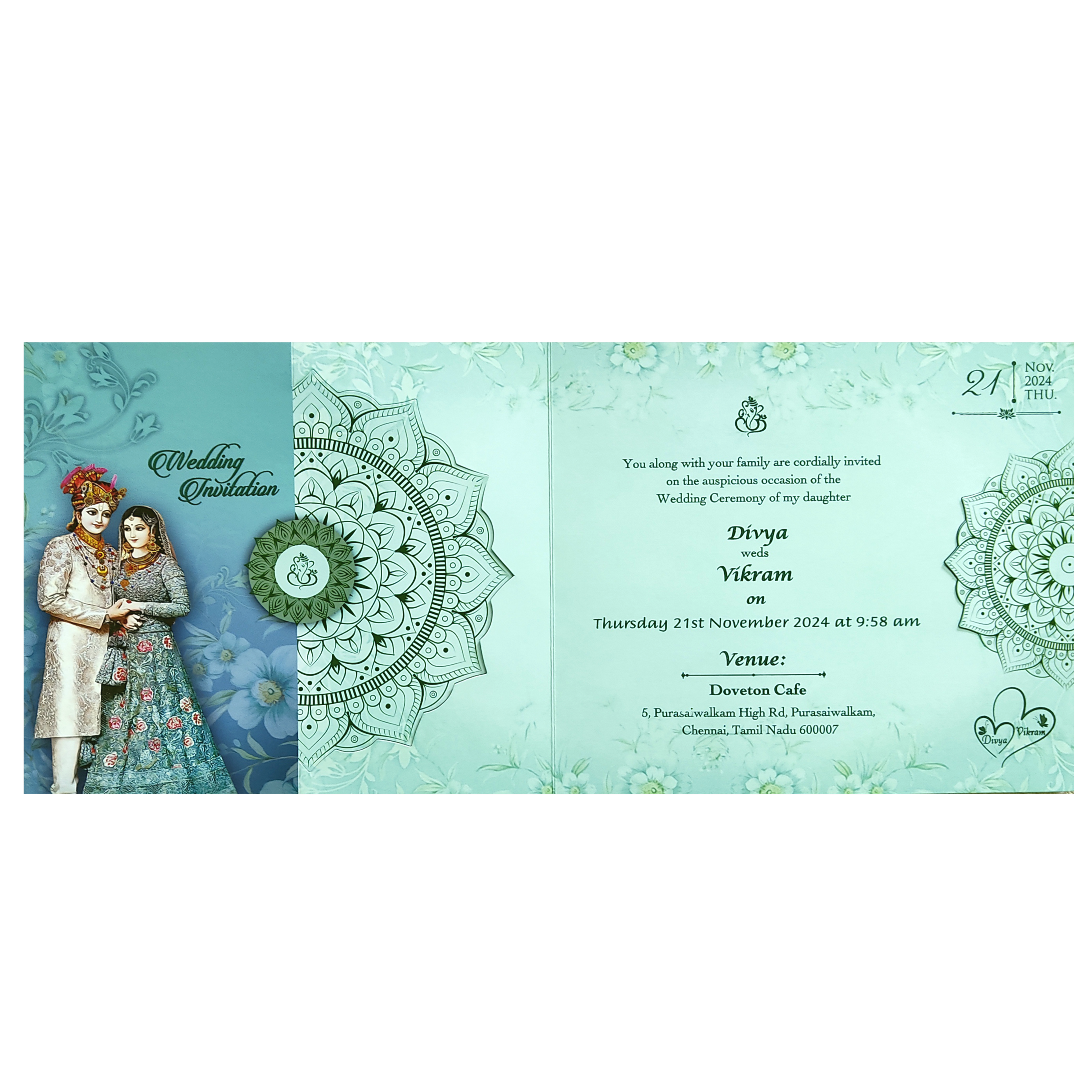 Green Floral Bride Groom Wedding Card-KNTH9603G