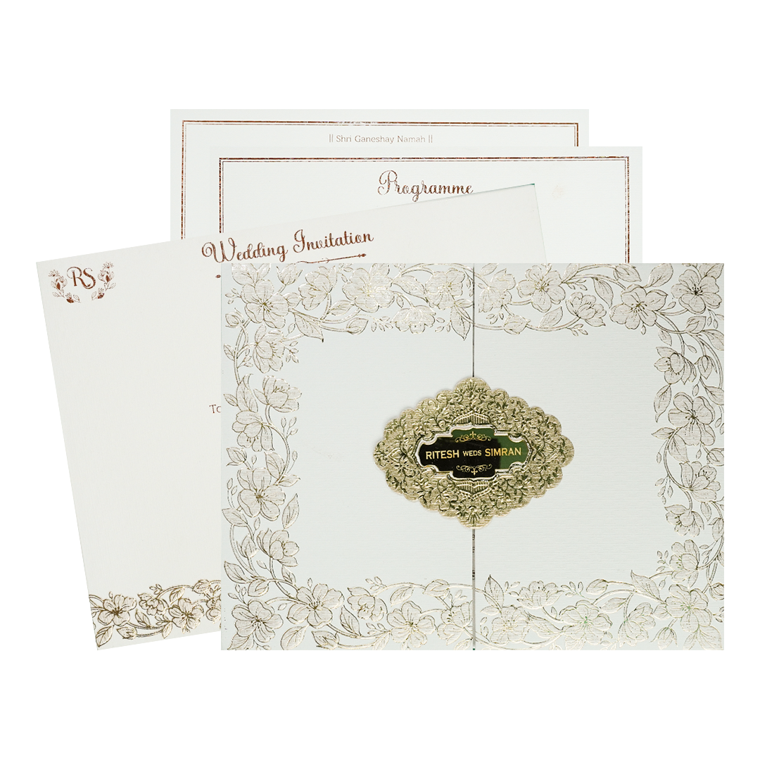 White Gold Floral Padded Wedding Card-KSI64520
