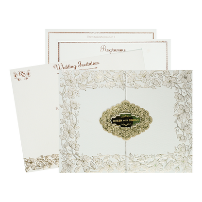 Check out White Gold Floral Padded Wedding Card at best price. ✅WhatsApp Support ✅Express Delivery.|King of cards.