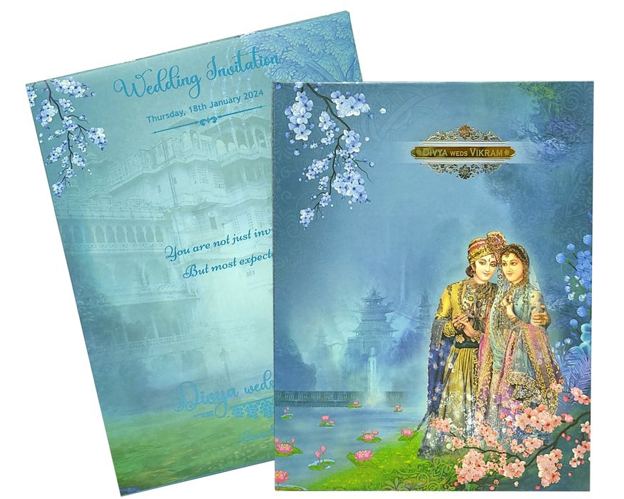 Blue Royal Padded Wedding Card With Palace Background-King of Cards