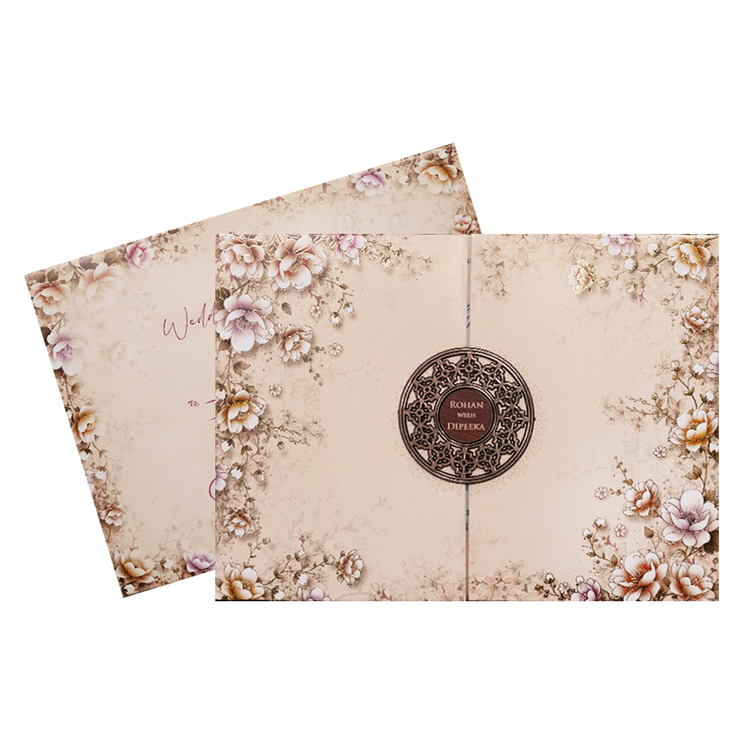 Cream Floral Padded Wedding Card-KSH72940