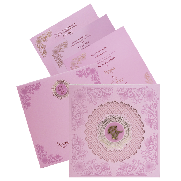 Pink Padded Laser Cut Wedding Card-King of Cards