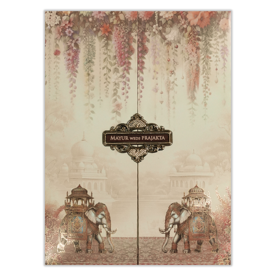 Cream Floral Palace Elephant Wedding Card-KSH73050