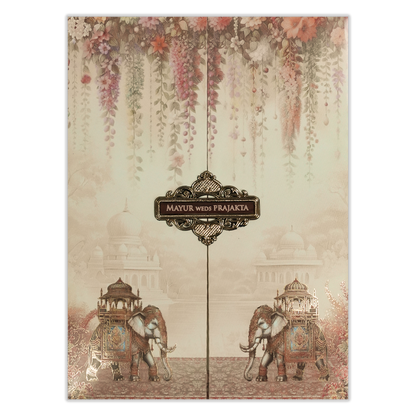 Cream Floral Palace Elephant Wedding Card-KSH73050