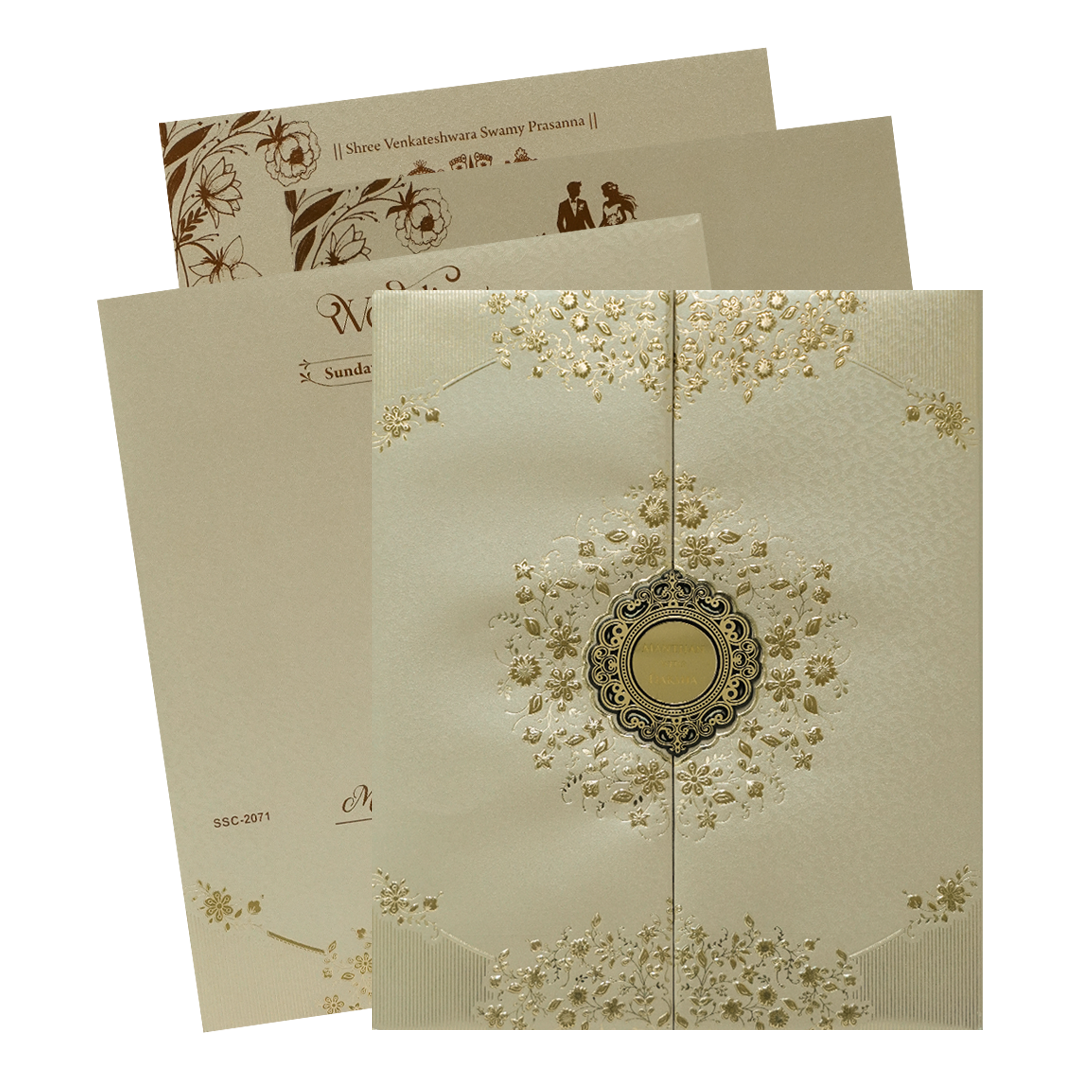 Check out Gold Floral Padded Wedding Card Card at best price. ✅WhatsApp Support ✅Express Delivery.|King of cards.