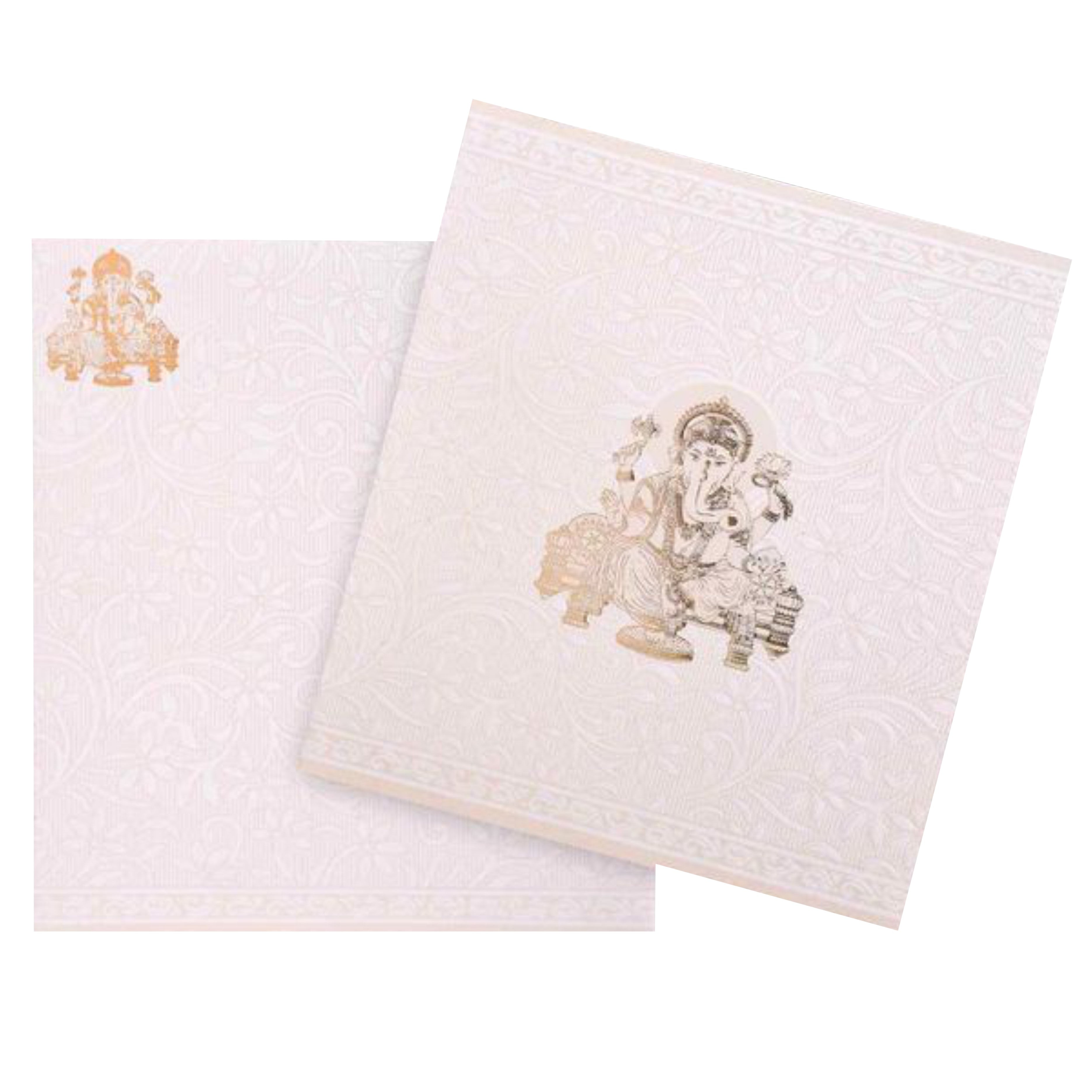 Invitation Card - Classy Gold Ganesha White Flower Wedding Card - KNJG1890