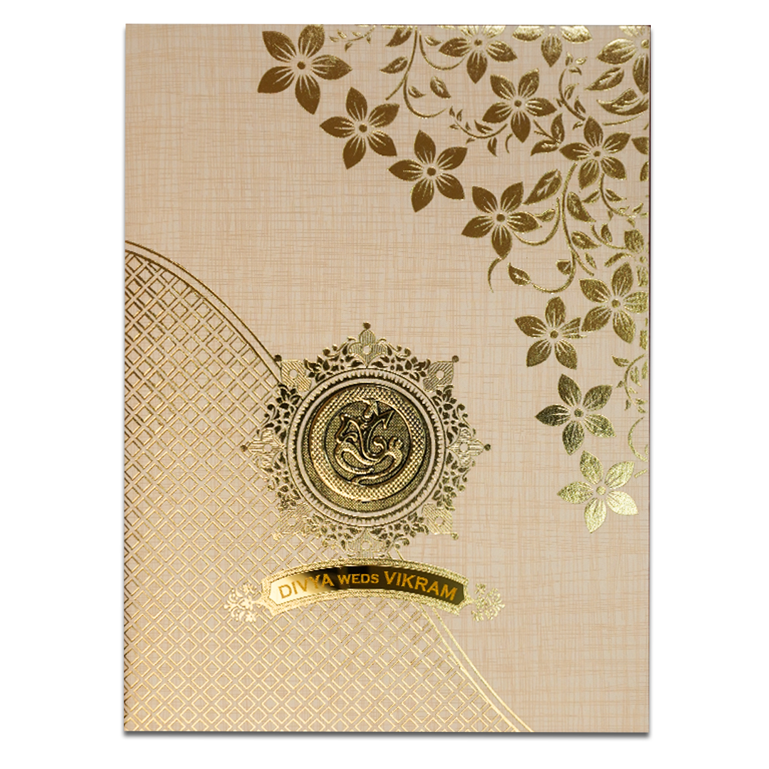Cream Gold Floral Ganesha Wedding Card-KNK7082S