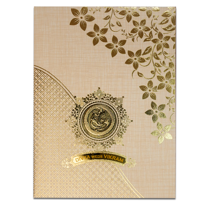 Cream Gold Floral Ganesha Wedding Card-KNK7082S