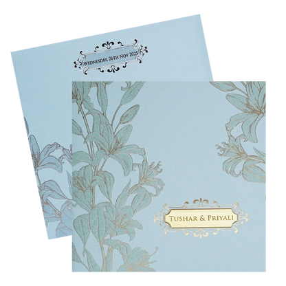 Light Blue Floral Nameplate Wedding Card Design-King of Cards