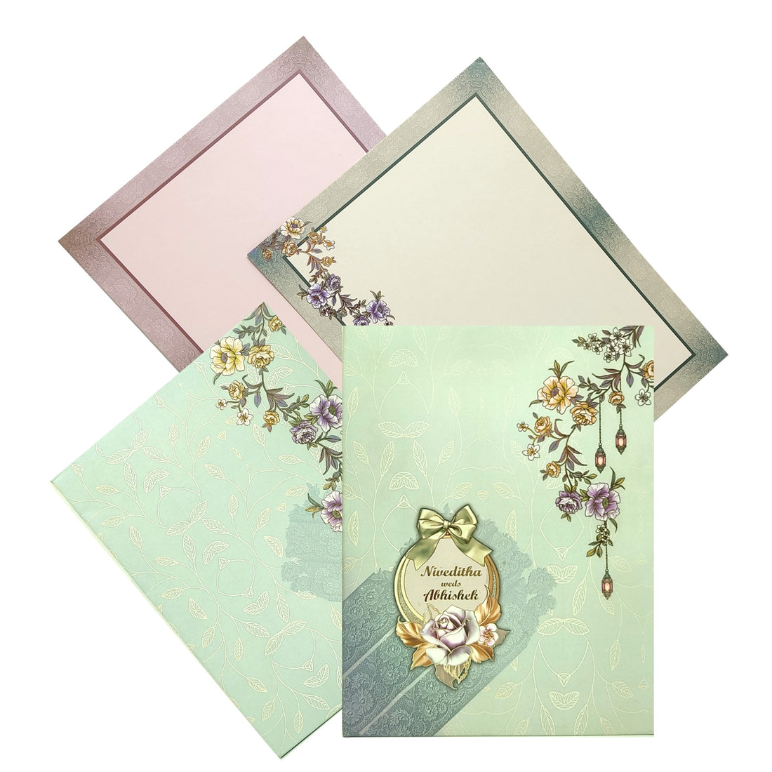 Light blue flower design with monography deisgn with gold embossed bride and groom sticker and envelope flower design on top side right side with two inserts border and flower design