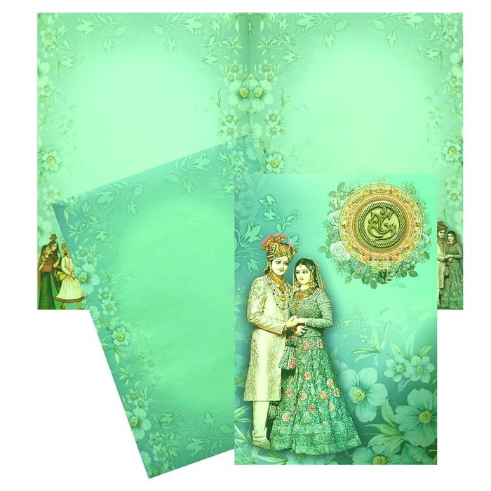 Green Floral Bride Groom Padded Invitation Card-King of Cards
