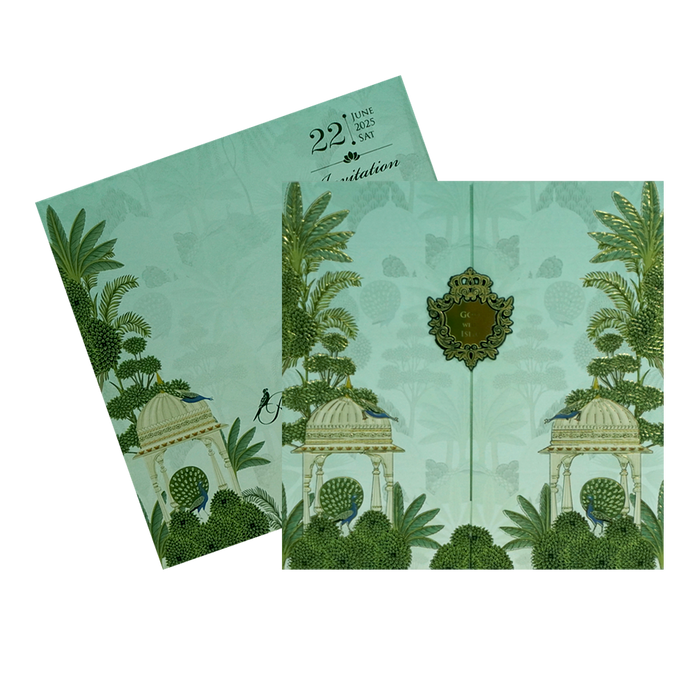 Green Peacock Door Wedding Invitation-King of Cards